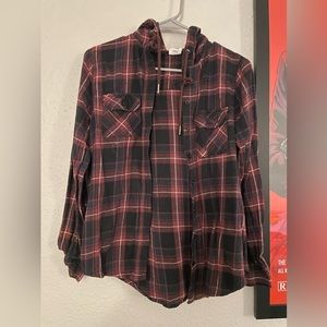 Maroon and Black Plaid Shacket/ Hooded Flannel Shirt